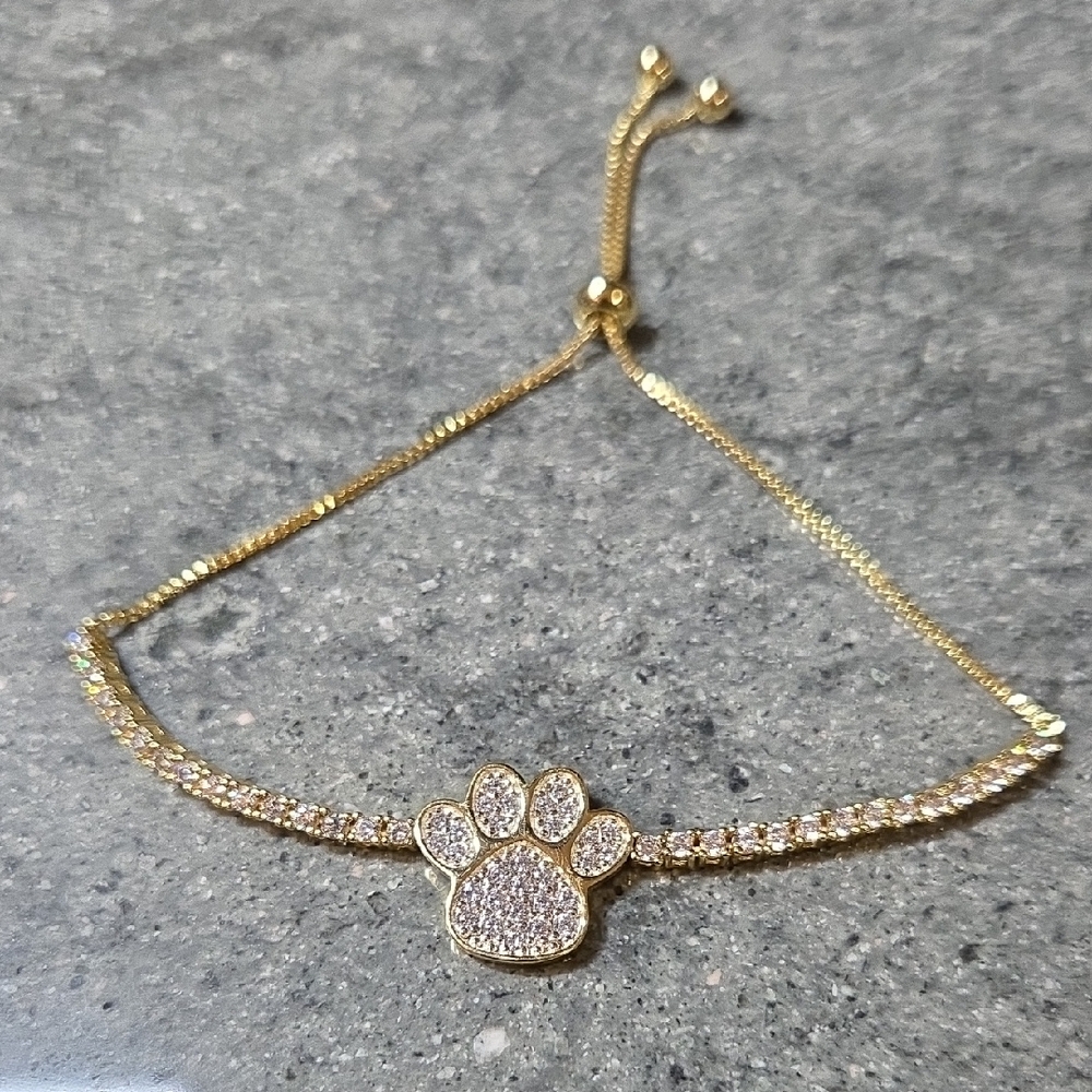 Gold Paw Print Slider Bracelet with Crystal Accents
